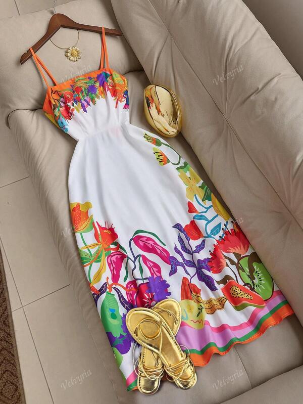 Vestido elegante feminino em corte A com estampa floral, amarração na cintura, costas nuas com laço, adequado para praia, dia a dia, deslocamento, casa, verão