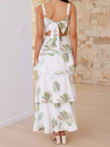 Women Long Dress Floral Print Sleeveless Cami Dress Summer Tie-Up Back Ruffles Dress - 綠色 - 查看 6