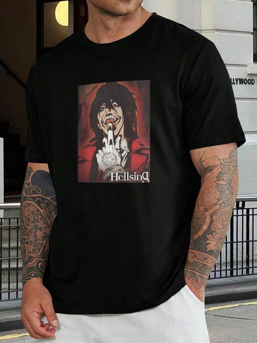 Camiseta de anime de Alucard de Hellsing - Camiseta gótica de manga de vampiros - Camiseta casual de algodón para hombre y mujer con cuello redondo - Ropa de calle Otaku - Regalo único para él o para ella - Negro - Ver 1