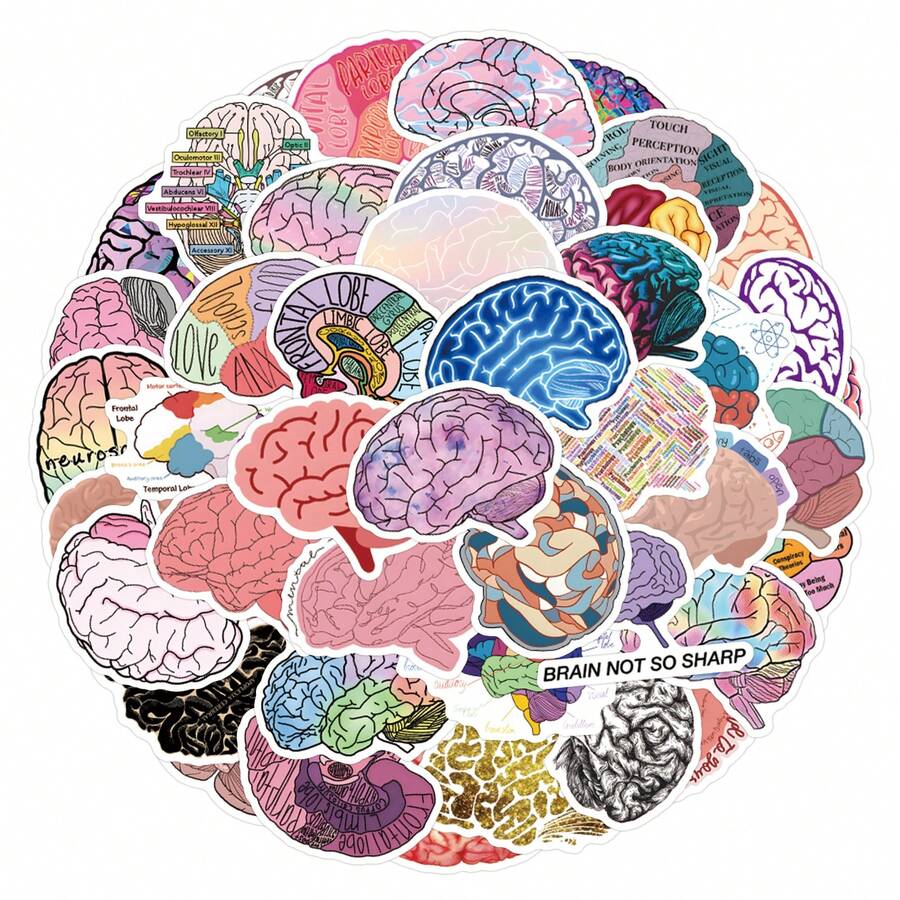55Pcs Brain Stickers Vinyl Aesthetics Stickers For Scrapbooking, Diary, Laptop, Bumper, Skateboard, Water Bottle, Computer, Phone, Cartoon, Hard Hat, Car Stickers And Decals - Multicolor - View 1