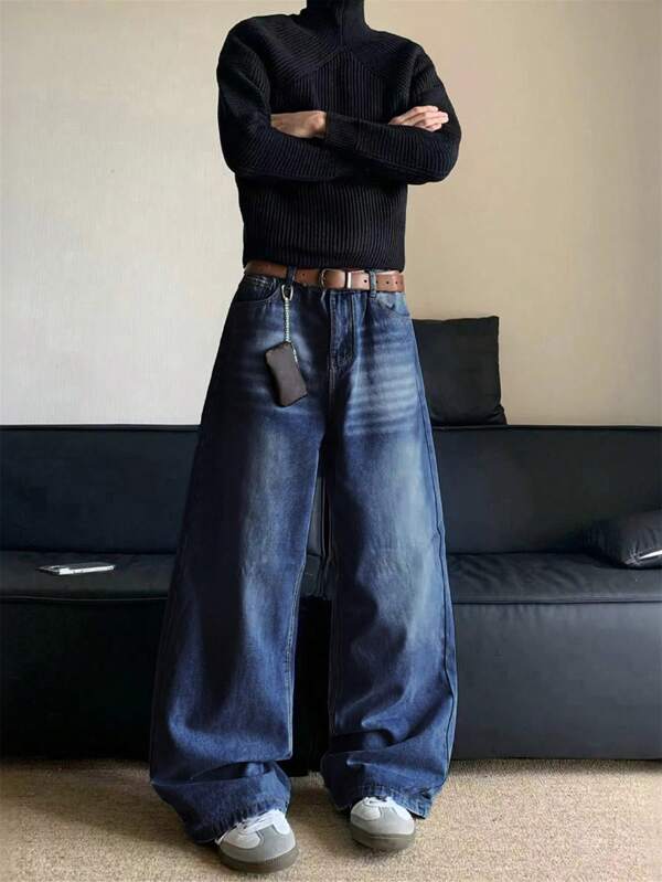 1 pièce Jeans droits ample au style vintage lavé, ajustement décontracté polyvalent et casual pour homme