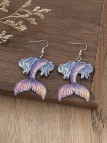 1 Pair Wood Printed Summer Ocean Mermaid Tail Colorful Earrings For Women