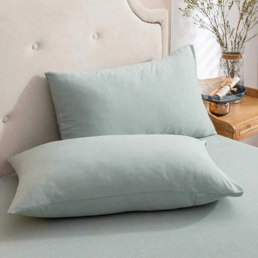 HECHO EN TURQUÍA - Juego de 2 fundas de almohada de mezcla de algodón liso - 50x70 cm - 70% algodón - Suave y Durable - Verde Pastel - Ver 1