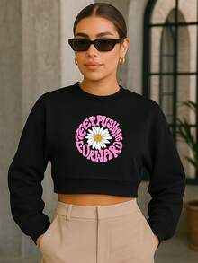 Cropped Moletom Feminino Frase Flor Margarida Swag Streetwear Fofo Tumblr Estiloso Várias Cores - Preto - Visão 1