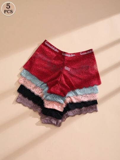 5 piezas Pantalones cortos estilo bóxer de encaje sexy para mujer con cinturilla y sin costuras, ropa interior cómoda