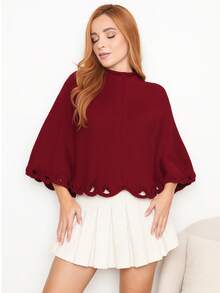 Knitted Poncho With Wave Detail - 酒紅色 - 查看 1