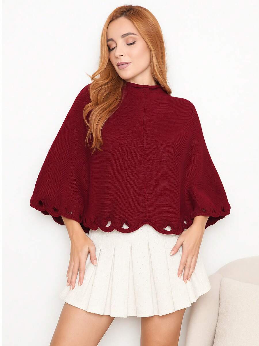 Knitted Poncho With Wave Detail - 酒紅色 - 查看 1