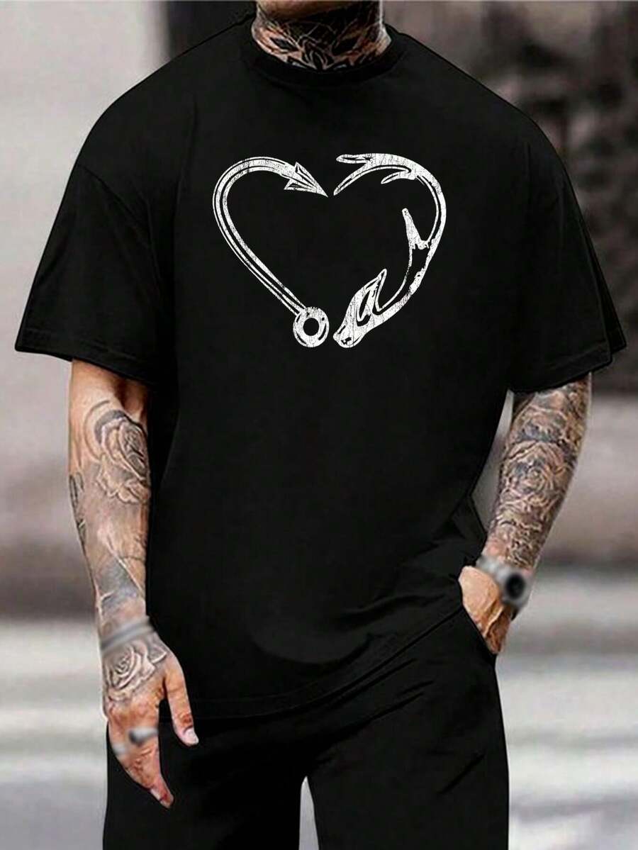 Camiseta de pescador con corazón y anzuelo para hombre - Regalo para pescador, camiseta para pescador de lubina, ropa para pescador, regalo para papá o novio, camiseta informal para exteriores - Negro - Ver 1