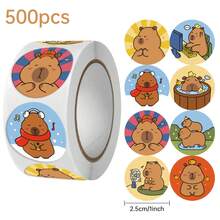 500 piezas de pegatinas adorables de capibara de dibujos animados - adhesivas, etiquetas de sellado de papel kraft multicolor para regalos y manualidades DIY, con forma redonda - Multicolor - Ver 1