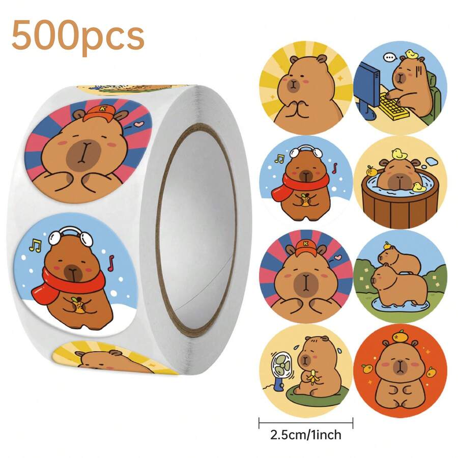 500 piezas de pegatinas adorables de capibara de dibujos animados - adhesivas, etiquetas de sellado de papel kraft multicolor para regalos y manualidades DIY, con forma redonda - Multicolor - Ver 1