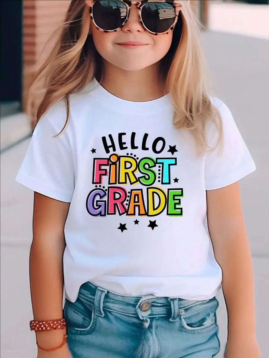 [Cotton Girl's T-Shirt] Cotton Girl's T-Shirt | Hello, First Grade Letter Print And Star Pattern Print Comfortable And Casual Round Neck Short Sleeved - 白色 - 查看 1