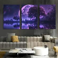 3PCS Big Purple Moon Canvas Art Print, Modern Wall Decoration Living Room, Bedroom, Studio And Corridor Large Wall Arts Posters Optional Frame ,Wall Art With Frame