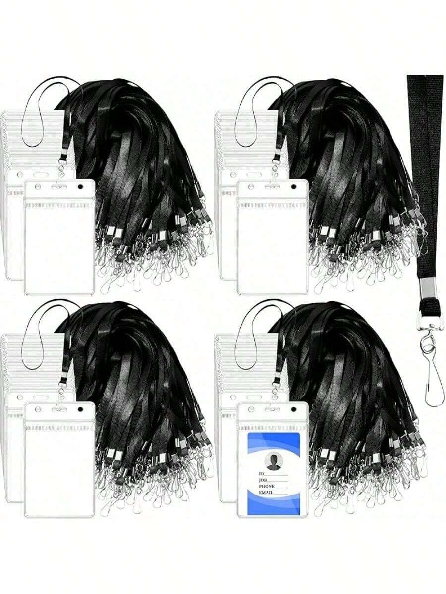 600 Pieces Badge Holders And Lanyards Bulk, 300 Pieces Clear Plastic Vertical Name Tags Badge ID Card Holders And 300 Pieces Flat Neck Lanyards With Metal Swivel J Hook Clip (Black) - 黑色 - 查看 1