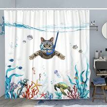 New Fowocu Funny Cat Extra Long Shower Curtain Set Teal Blue Sea Ocean Waterproof Fabric Shower Curtains  Animal Octopus Starfish Turtle Anchor Fish Nautical Bathroom Curtain Dr (Blue, 72''*78'') - 藍色 72 英吋寬 x 78 英吋長(1 包) - 查看 2