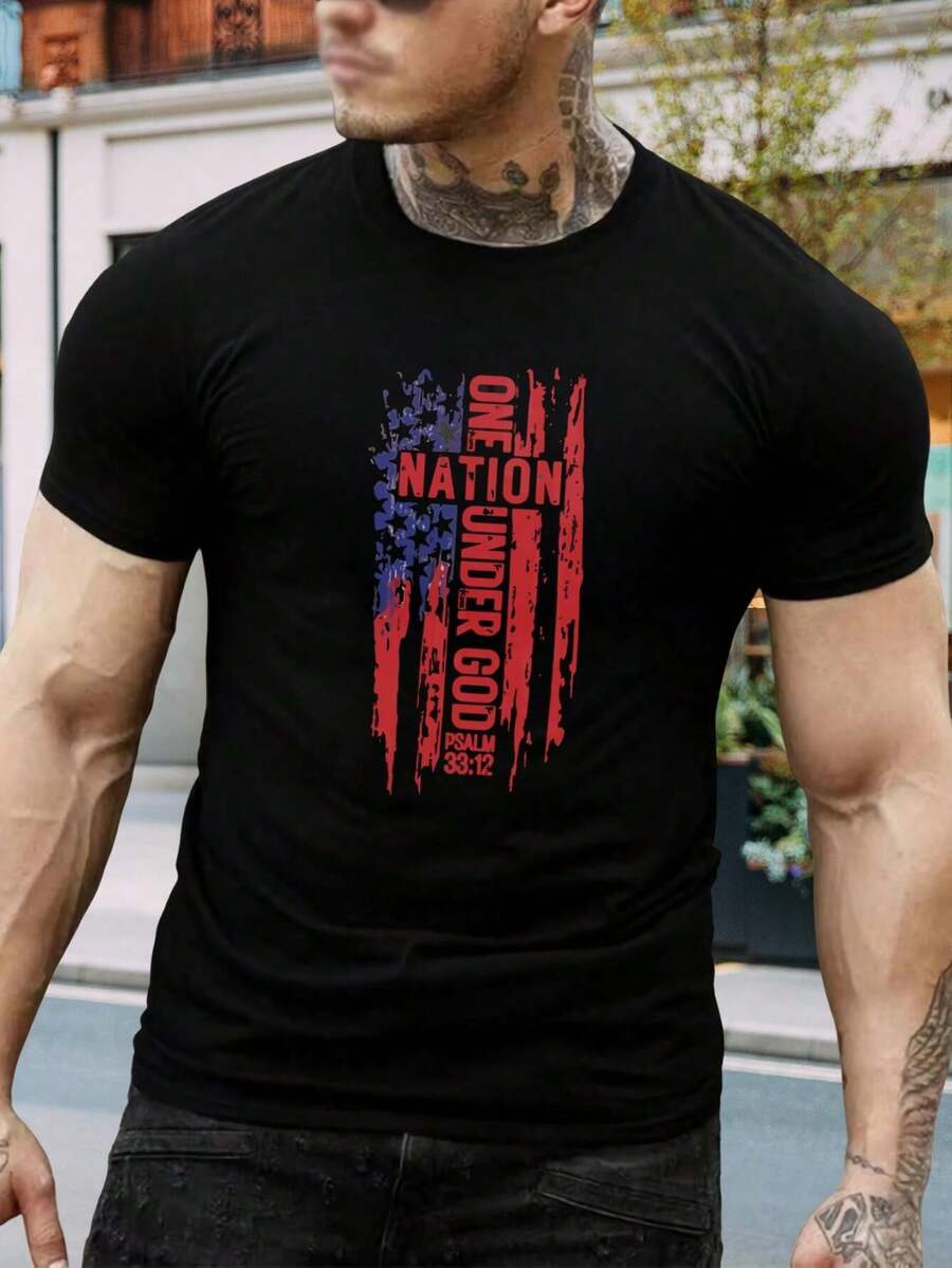 Camiseta patriótica de EE. UU. para hombres y jóvenes - Camiseta cristiana con versículo bíblico del Salmo - Camiseta gráfica de manga corta con orgullo estadounidense - Regalo de Dios bendiga a América - Negro - Ver 1