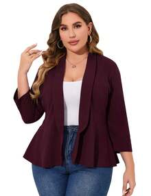Yesfashion Women's Plus Size Blazer Notch Panel V Neck Ruffle Button Work Office Suit Jackets Peplum Blazers - 葡萄紫 - 查看 1