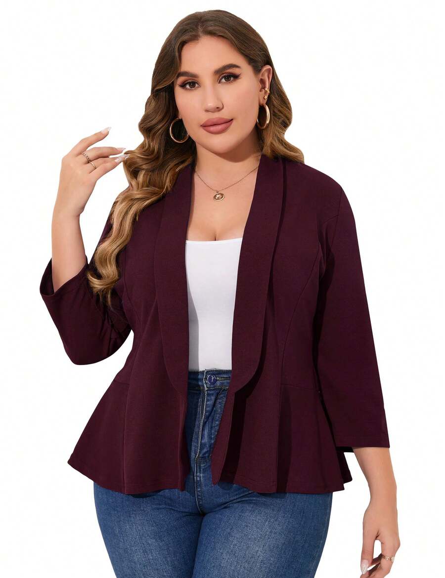 Yesfashion Women's Plus Size Blazer Notch Panel V Neck Ruffle Button Work Office Suit Jackets Peplum Blazers - 葡萄紫 - 查看 1