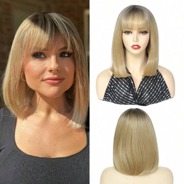 Short Blonde Bob Wig For Women Light Brown Bob Wigs With Bangs Ombre Blonde Wigs For Daily Use Cosplay