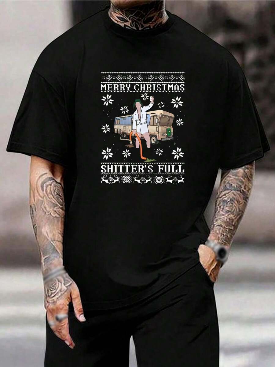 Camiseta de manga corta Merry Christmas Shitter's Full - Camiseta Clark Griswold Christmas Vacation RV - Camiseta gráfica divertida para vacaciones para hombres y mujeres - Camisetas familiares novedosas a juego - Negro - Ver 1