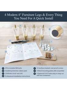 Acrylic Furniture Legs With Gold Caps - Mid Century Legs For Couch, Sofa, Chair, Table, Dresser, Bed, Cabinet - Furniture Feet Are Easy To Install & Include Installation Hardware - Set Of 4, 6 Inches - 6 Inches - View 4