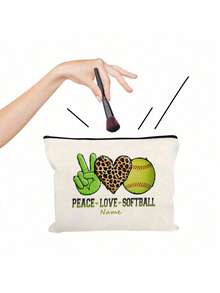 1 pieza "Paz Amor Softbol" Estuche organizador con cremallera - Gesto de mano verde, corazón de leopardo, diseño de béisbol - Bolsa de maquillaje de poliéster ligera con cierre de cremallera - Ideal para viajes, regalos de fiesta y almacenamiento de cosméticos, accesorios de softbol | Accesorio alegre | Cierre con cremallera, bolsas de softbol - Multicolor - Ver 3