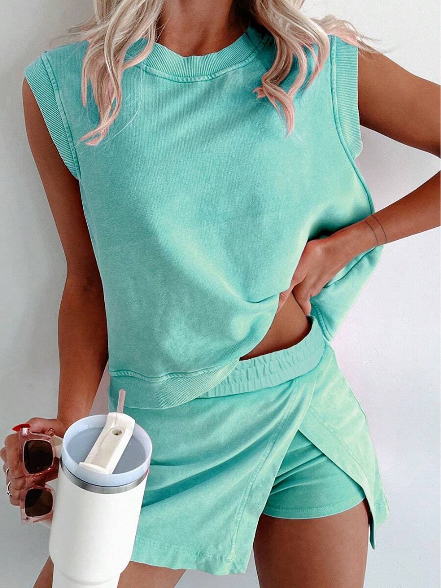 Summer 2 Pieces Mineral Wash Cotton Tank Top Lined Split Skirt Set - 綠色 - 查看 1