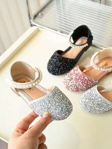 1 Pair Fashionable Versatile Pink Girl's Pearl & Rhinestone Bow Cute Flat Sandals, Round Toe Casual, Dance, Outdoor Wear, Spring & Autumn, Sequin Decor Closed Toe Princess Shoes - Silver - View 5