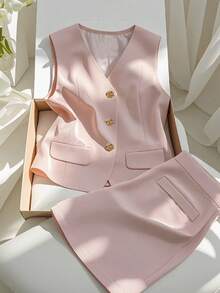 A Fashionable, Capable And Elegant Professional Commuting, High-End And Mature Style Pink Vest And Shorts Women's Set Summer - Pink - View 1