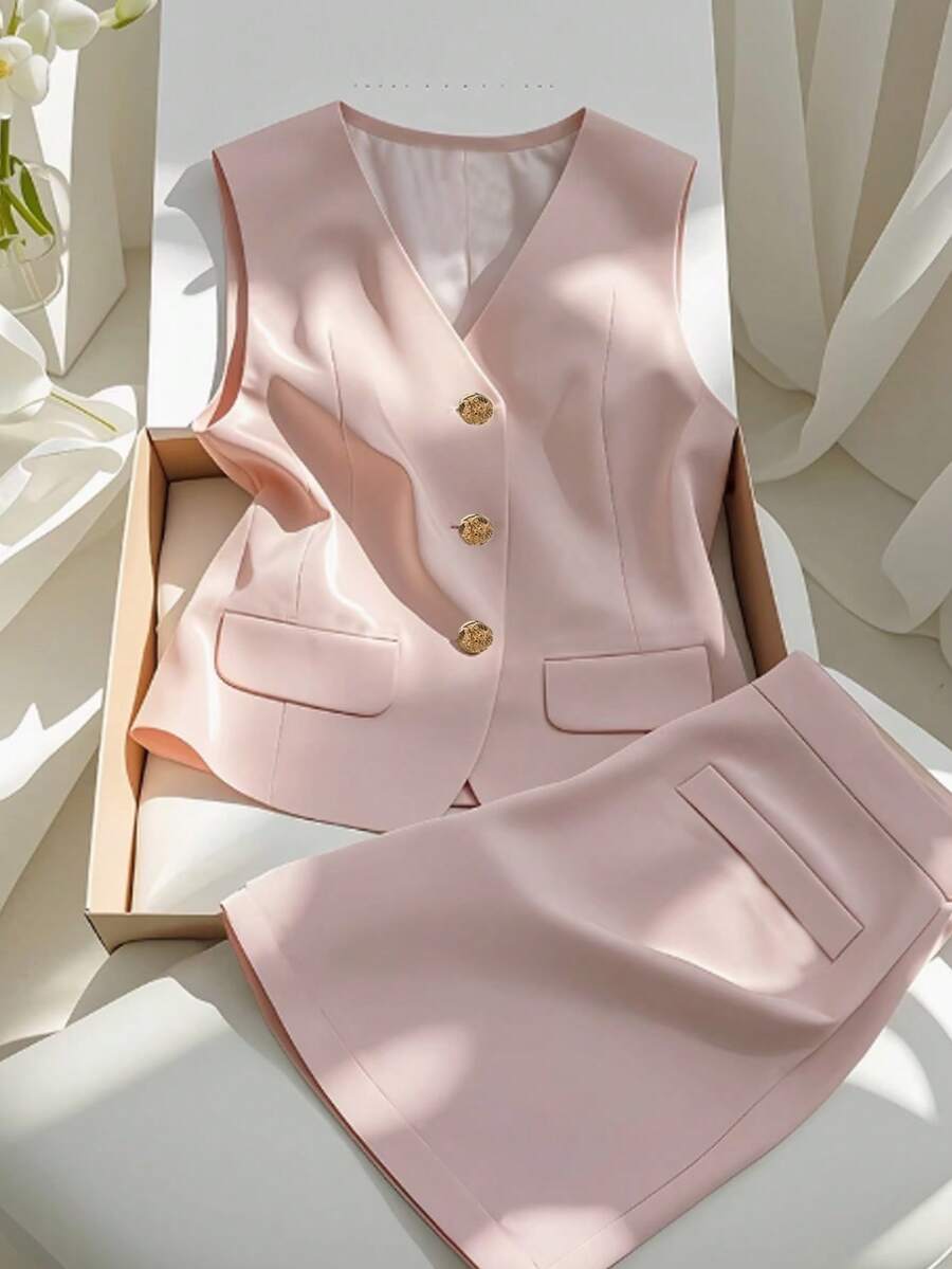 A Fashionable, Capable And Elegant Professional Commuting, High-End And Mature Style Pink Vest And Shorts Women's Set Summer - Pink - View 1