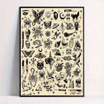 黑色纹身图案帆布海报，无框墙壁艺术印刷品，适合家庭、宿舍、客厅装饰 - 理想的万圣节礼物