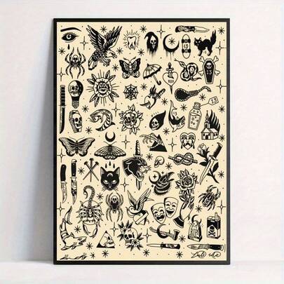 Poster vải canvas họa tiết hình xăm màu đen, tranh in treo tường không khung dùng trang trí nhà cửa, ký túc xá, phòng khách - Quà tặng lý tưởng cho lễ Halloween