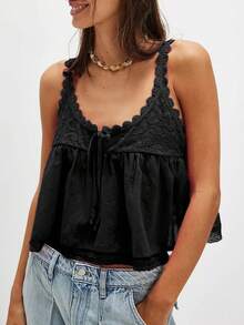 Women Boho Flowy Babydoll Cami Tank Tops Y2K Fairy Lace Trim Spaghetti Strap Tie Front Loose Camisole Crop Tops Summer Backless Sleeveless Vests Shirts Cute Going Out Tops Beach Vacation Streetwear Aesthetic Clothes - 黑色 - 查看 1