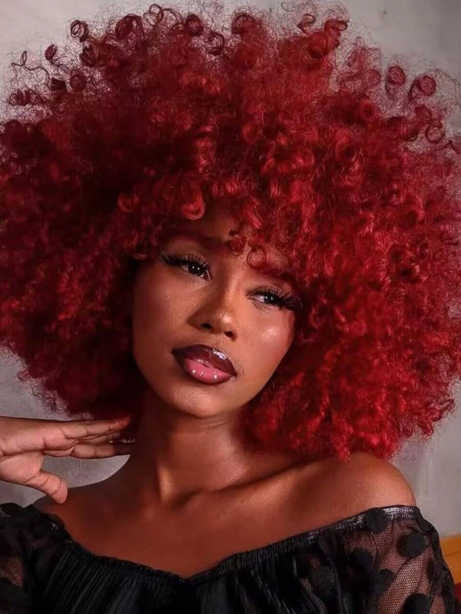 Afro Wig 14Inch And 8Inch Afro Wigs For Women 70s Afro Kinky Curly Wig Bouncy Huge Fluffy Puff Wigs Synthetic Hair For Cosplay Daily And Party - 酒紅色 - 查看 1