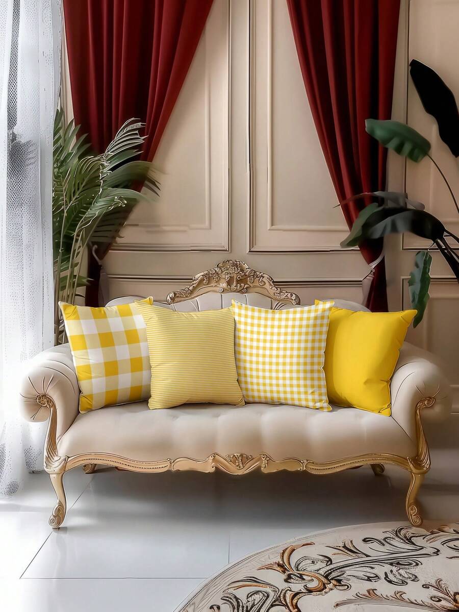 4 件套黄色条纹靠垫套，超柔软舒适，畅销款，家居装饰抱枕套，适用于沙发、客厅、卧室，不含枕芯 - 黃色 - 查看 1