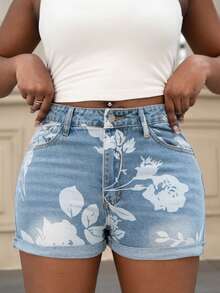 Women's High Waist Slim Fit Denim Shorts - Classic Washed Blue Jean Shorts With Floral Print, Rolled Hem, Multiple Pockets, Button & Zip Closure For Sexy Summer Style - Rửa nhẹ - Xem 1