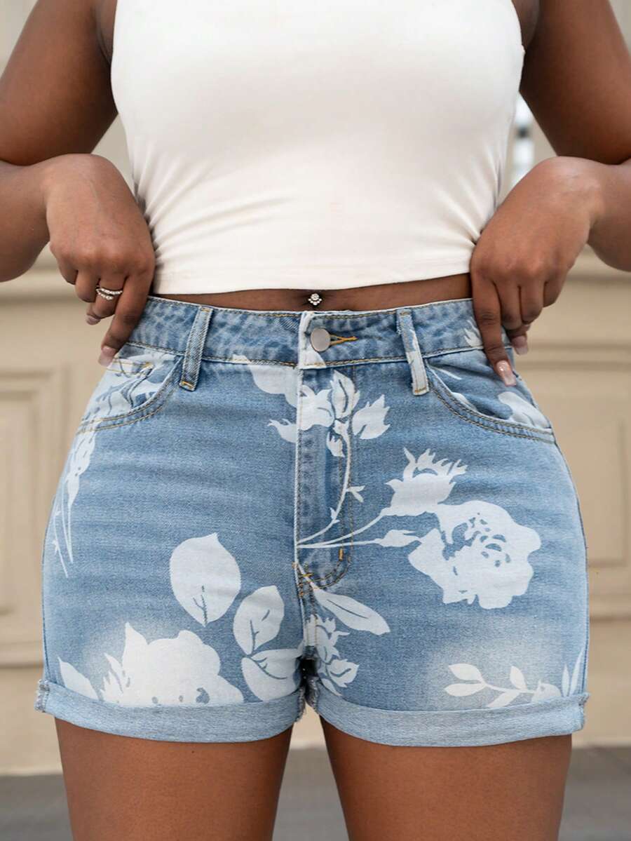 Women's High Waist Slim Fit Denim Shorts - Classic Washed Blue Jean Shorts With Floral Print, Rolled Hem, Multiple Pockets, Button & Zip Closure For Sexy Summer Style - Rửa nhẹ - Xem 1
