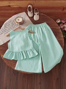 Conjunto elegante de verano para niñas con top de tirantes con volantes y pantalones palazzo de pierna ancha