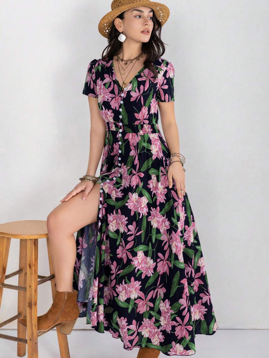 Rusttydustty 波希米亞風女款多色花卉V領優雅口袋洋裝,適合夏季派對與海灘度假,黑色 - 黑色 - 查看 1