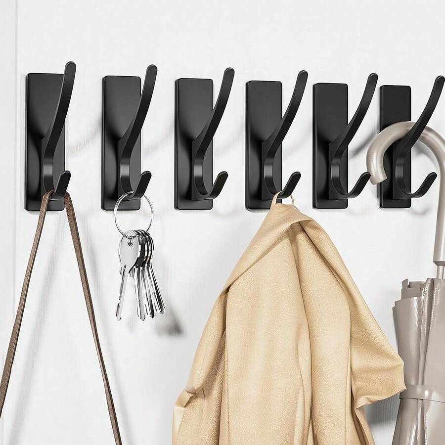 New Self Adhive Coat Hooks For Hanging: Heavy Duty Stainls Wall Hook For Towel, Backpack, Hat, Sturdy Metal Hanger, 6-Pack, Matt Black - 黑色 6 件裝 - 查看 1