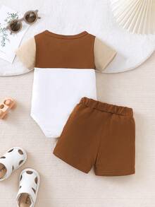 Baby Boy Casual Round Neck Patchwork Bodysuit Set, Summer - Brown - View 2