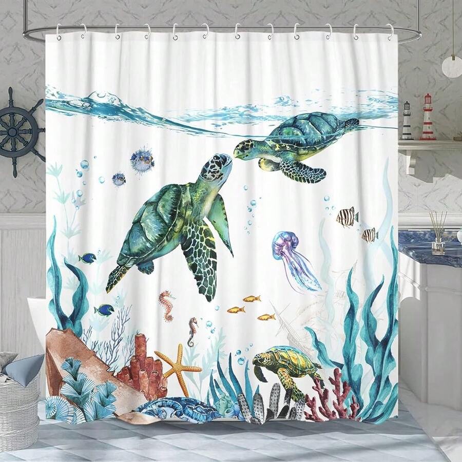 New Fowocu Sea Turtle Extra Long Shower Curtain Teal Blue Ocean Waterproof Fabric Shower Curtains For Bathroom  Funny Animal Octopus Starfish Anchor Fish Nautical Bath Curtain Dr (Teal, 72''*78'') - Teal 72"W x 78"L (Pack of 1) - View 1