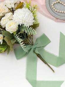 1/3卷鼠尾草绿手工雪纺丝带，DIY手工流苏面料，礼品包装雪纺丝带，1.5英寸 x 21码毛边丝带，适用于婚礼请柬、新娘捧花、礼品包装、DIY手工、蝴蝶结制作、派对装饰 - 淺綠色 - 查看 6