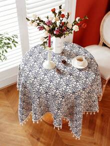 1 件波西米亚复古蓝白瓷花流苏桌布，适用于圆桌、咖啡桌、床头柜罩，可水洗，适用于家庭客厅、厨房、晚宴、节日派对、花园、茶会、户外野餐装饰、四季、秋季装饰 - 彩色 - 查看 9