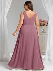 EVERPRETTY Romantic V-Neck Sleeveless Pleated Bust High Slit Bridesmaid Dress, Suitable For Wedding Party And Wedding Guest - Dusty Pink - View 2