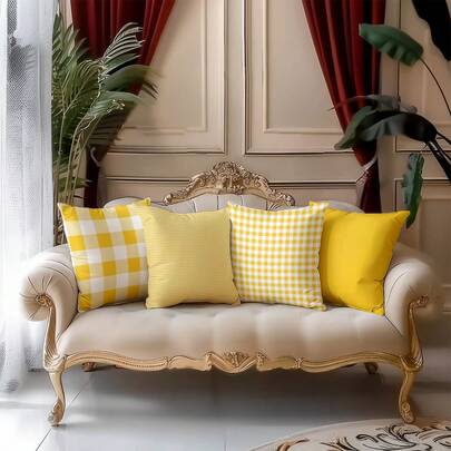 4 件套黄色条纹靠垫套，超柔软舒适，畅销款，家居装饰抱枕套，适用于沙发、客厅、卧室，不含枕芯
