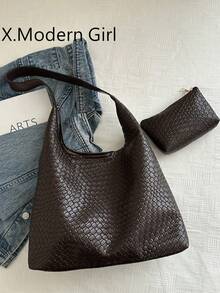 时尚女士新月形编织单肩包，PU 皮革斜挎包，带零钱包