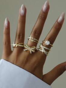 1 Peça Elegante Anel Aberto Dourado de Mulher com Laço de Zircônia Cúbica, Anel de Casal Glamoroso para Aniversário, Encontro, Solteiro, para Uso Diário, Formatura, Presente de Joias