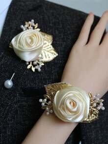2pcs/Set Elegant Ivory Rose Flower Brooch And Wrist Corsage Set, Suitable For Bride And Groom Wedding Decor, Formal Events, Parties,Summer,Beach,Festival,Party - Beige - View 3