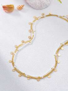 3 件金属圆盘和珍珠串珠简约链条身体项链，适合派对、礼物和日常佩戴