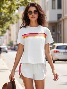 2 Piece Lounge Sets For Women Summer Rainbow Striped Tops Casual Shorts Color Blocked Suit Sweatshirts Set - 白色 - 查看 4
